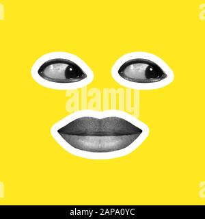 Collage in magazine style on bright yellow background. Female lips and eyes forming face black and white colored with contour. Modern design, creative artwork, style and human emotions concept. Stunning. Stock Photo