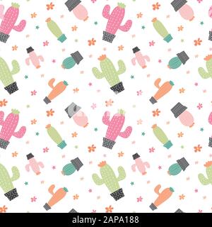 Seamless Pattern with colorful cactus concept in the white backdrop.creative pattern texture for fabric, wrapping, textile, wallpaper, apparel. Stock Vector