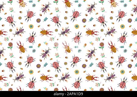 Seamless pattern colorful insect and plant with garden concept.creative pattern texture for fabric, wrapping, textile, wallpaper, apparel. Stock Vector