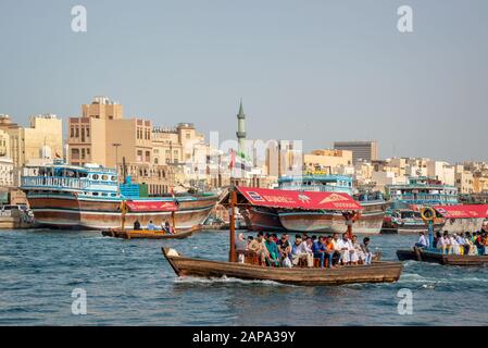 Traditional wooden boats in Dubai creek, United Arab Emirates Stock Photo