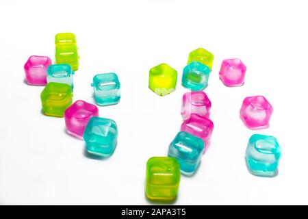 Multicolored cubes filled with liquid, arranged randomly, on a white background Stock Photo