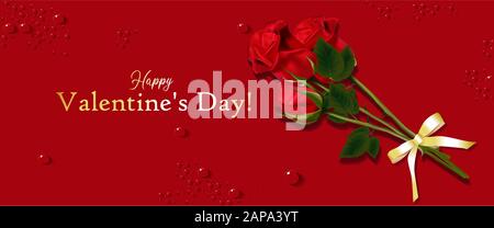 Red rose on the card. Horizontal banner for Valentine's Day. Promo flyer. Place for text. The 14th of February. Vector illustration. Realistic rose Stock Vector