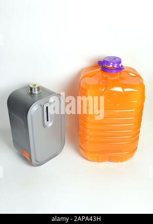 a tank with a can of kerozene for a kerosene heater Stock Photo