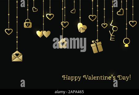 Card for Valentines Day with hanging gold hearts, gift, letter Stock Vector