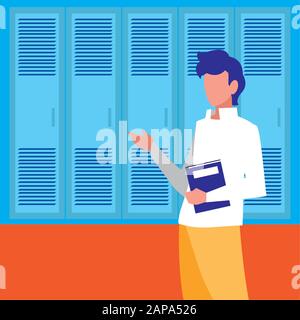Boy student in front of school lockers design, Eduaction class lesson knowledge preschooler study learning and primary theme Vector illustration Stock Vector