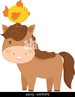 cute horse fence and flowers farm animal cartoon vector illustration ...