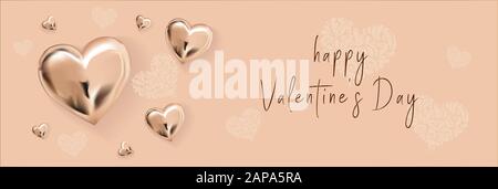 Happy Valentine s Day. Gold inscription on a light background. Metallic hearts. Horizontal banner in a minimalistic style. Lovers. The 14th of Stock Vector
