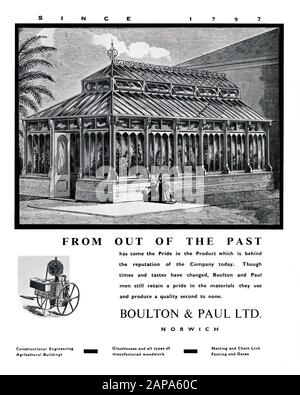 A 1951 advert for Boulton & Paul Ltd, a construction and engineering company based in Norwich, Norfolk, England, UK. This appeared in a magazine marking the Festival of Britain celebrations in Norwich that year. The illustration features a large Victorian greenhouse (glasshouse). By the early 1900s Boulton & Paul had become a successful manufacturing firm. During the Second World War it was a major producer of prefabricated buildings, wire netting and maker of aircraft parts. Boulton & Paul produced most of the steel framework for the R101 airship which first flew in 1929. Stock Photo