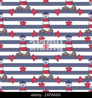 Vector illustration of the sea animals and others. Beautiful sea colors palette. Seamless pattern. Stock Vector