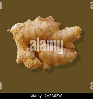 Fresh organic ginger root on dark green background. Stock Photo