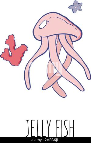 Jelly fish vector illustration with corals. Cartoon sea animal for t-shirt, prints, logo. Stock Vector