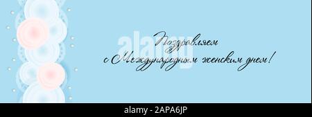 Horizontal banner, header for the website for International Women's Day. March 8. Blue background. Ready-made posters for printing. Translation from Stock Vector