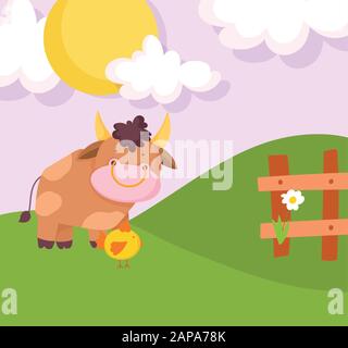 bull flower wooden fence sun farm animal cartoon vector illustration ...
