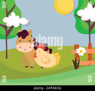 cute horse fence and flowers farm animal cartoon vector illustration ...