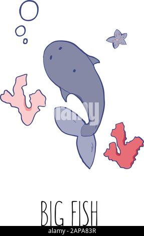 Vector illustration of whale. Big fish with corals and sea star. print, postcard, logo. Stock Vector