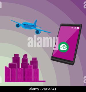 Smartphone airplane city travel icons on isolated background. Vector image. Stock Vector