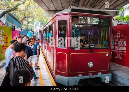 HongKong, China - November, 2019: The Peak Tram. The railway to Victoria Peak, a mountain with view above the city skyline of Hong Kong Stock Photo