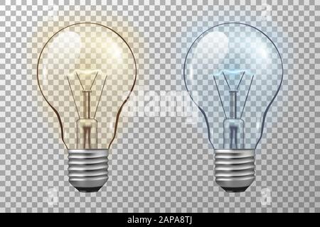 Realistic light bulb. Glowing yellow and blue filament lamps. Vector 3D light bulbs set on transparent background. template creativity idea business