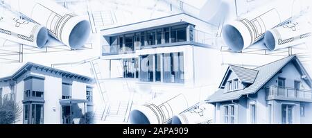 Three modern houses with construction plans in panoramic format Stock Photo