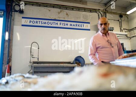 Portsmouth, Great Britain - November 3, 2019: Traditional old Portsmouth Fish Market sign inside the buiding Stock Photo