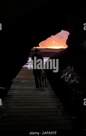 Man and dog on a boardwalk in a cave Stock Photo