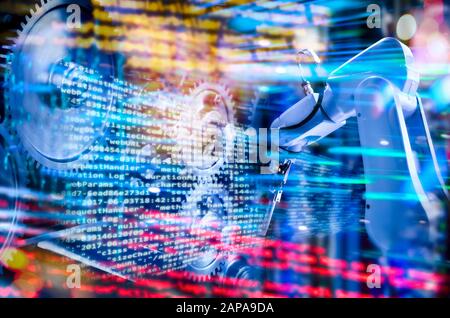 Program code with industrial robots, gears and abstract technology background Stock Photo
