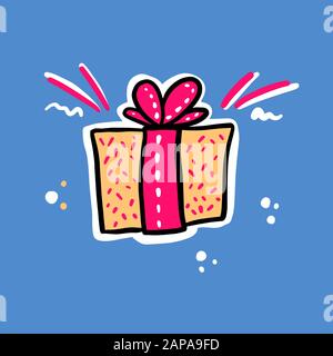 Present box vector illustration. Pink bow on the yelow box. Birthday or anniversary gift. Stock Vector