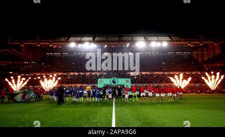 A general view of pyrotechnics at the ground as the two teams line-up ahead of kick-off in the Premier League match at Stamford Bridge, London. Stock Photo