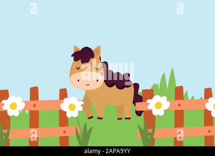 cute horse fence and flowers farm animal cartoon vector illustration ...