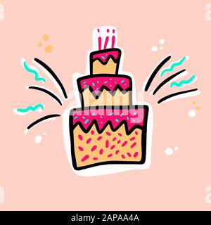 Birthday cakes hand drawn vector illustration. Anniversary desserts with burning candles Muffin, cupcake with confetti vector illustration Stock Vector