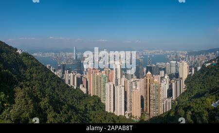 City aerial of Hong Kong - Skyline view of HongKong from Victoria Peak -