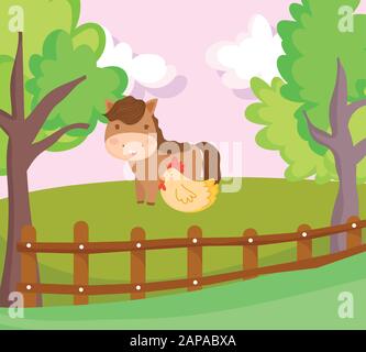 farm animals horse wooden fence flowers trees sun sky cartoon vector ...
