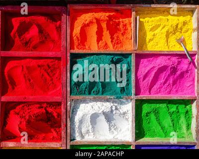 Color powder for the festival Holi and religious rituals, sold in the street markets of town Stock Photo