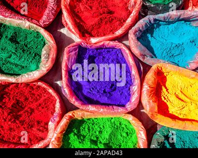 Color powder for the festival Holi and religious rituals, sold in the street markets of town Stock Photo