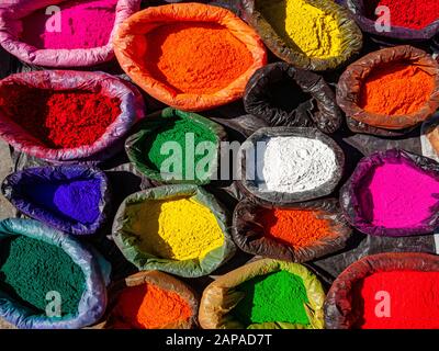 Color powder for the festival Holi and religious rituals, sold in the street markets of town Stock Photo