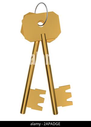 Two golden keys with ring isolated on white background. 3d rendering Stock Photo