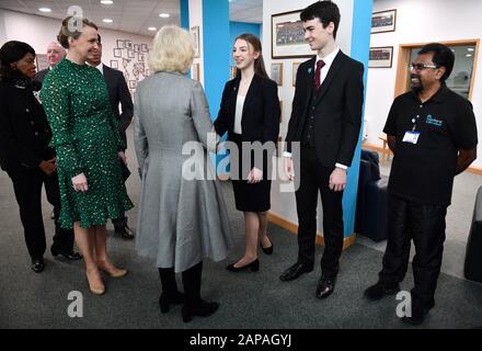 The Duchess of Cornwall meets Head Girl Maddie Irwin (centre) and Head Boy Bradley Howell (second right) alongside Principal Jessica Wheeler (left) during a visit to Elmhurst Ballet School in Birmingham. PA Photo. Picture date: Wednesday January 22, 2020. See PA story ROYAL Camilla. Photo credit should read: Anthony Devlin/PA Wire Stock Photo