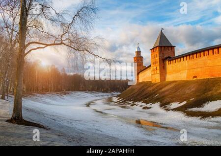 Veliky Novgorod Kremlin towers at early spring sunset in Veliky Novgorod, Russia, panoramic view, hdr processing applied Stock Photo