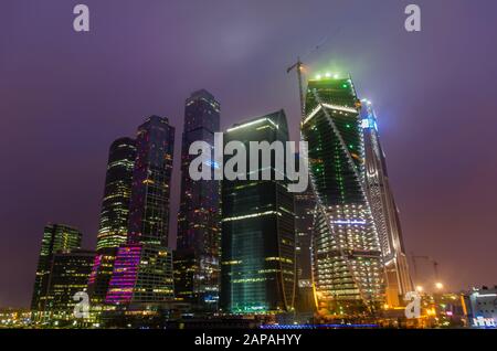MOSCOW, RUSSIA - JANUARY 07: Night view on office buildings in Moscow City downtown on January 07, 2014 in Moscow, Russia Stock Photo