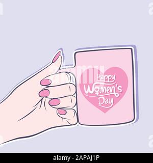 Happy International women's day greeting card design, women hold cup in hand design Stock Vector