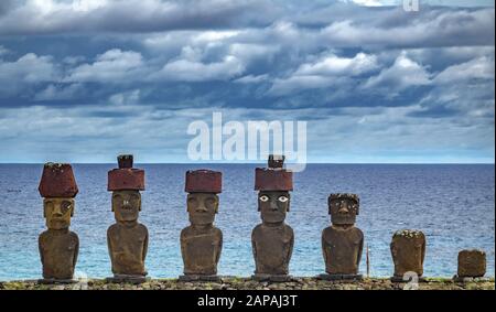 Ahu Nau Nau moai platform in Rapa Nui Stock Photo