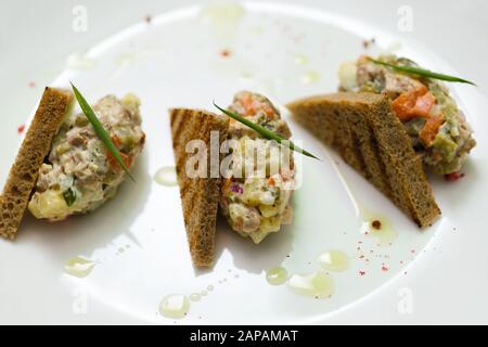 thee vegetable snacks on plate Stock Photo