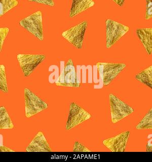 Tortilla chips isolated on orange background. Seamless pattern. Stock Photo