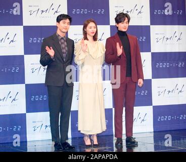 Ok Taec-Yeon (2PM), Lee Yeon-Hee and Lim Ju-Hwan, Jan 22, 2020 : Cast members (L-R) Ok Taec-Yeon, Lee Yeon-Hee and Lim Ju-Hwan attend a press conference for new MBC drama 'The Game: Towards Zero' at the Munhwa Broadcasting Corporation (MBC) in Seoul, South Korea. Credit: Lee Jae-Won/AFLO/Alamy Live News Stock Photo