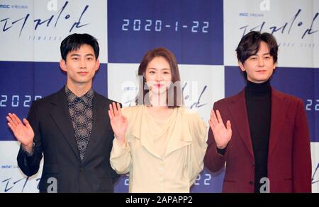 Ok Taec-Yeon (2PM), Lee Yeon-Hee and Lim Ju-Hwan, Jan 22, 2020 : Cast members (L-R) Ok Taec-Yeon, Lee Yeon-Hee and Lim Ju-Hwan attend a press conference for new MBC drama 'The Game: Towards Zero' at the Munhwa Broadcasting Corporation (MBC) in Seoul, South Korea. Credit: Lee Jae-Won/AFLO/Alamy Live News Stock Photo