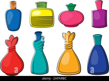Set of Perfume, Cologne and Eau de Toilette Colorful Bottles Isolated on White Background. Vector Stock Vector