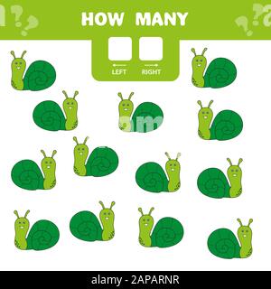 Educational worksheet for preschool kids. Left and right. Count how many snails go to the right and to the left. Stock Vector