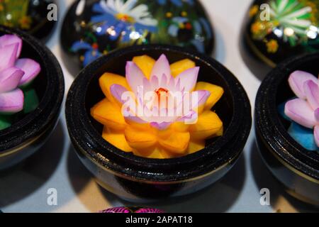 Thailand Handmade carved flower soaps in painted boxes, floral patterns, Chiang Mai Sunday night Market, Stock Photo