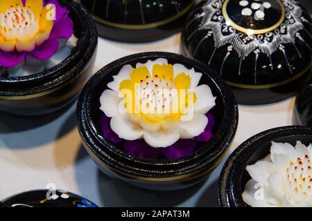 Thailand Handmade carved flower soaps in painted boxes, floral patterns, Chiang Mai Sunday night Market, Stock Photo