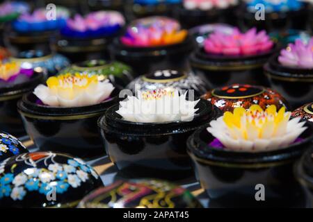 Thailand Handmade carved flower soaps in painted boxes, floral patterns, Chiang Mai Sunday night Market, Stock Photo